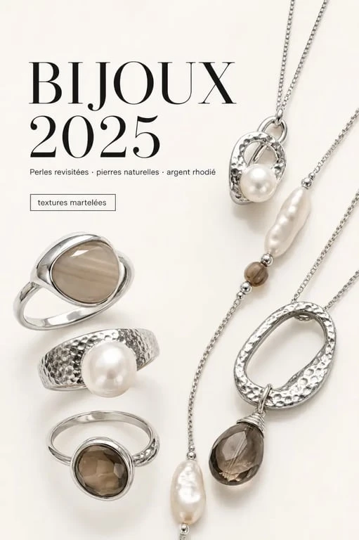 Bijoux tendance 2025 avec perles revisitées, pierres naturelles et argent rhodié