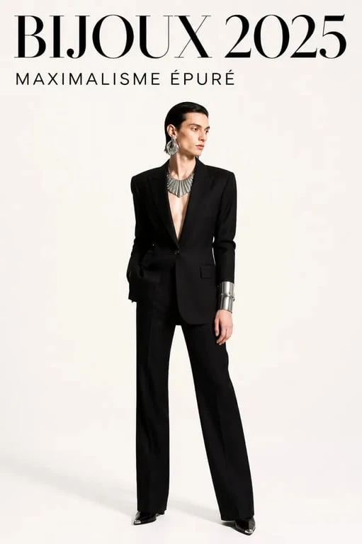 Bijoux tendance 2025 maximalistes portés sur une tenue sobre