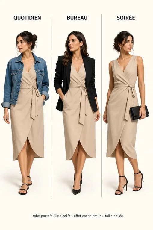 Robe portefeuille femme portée en trois looks : quotidien, bureau et soirée