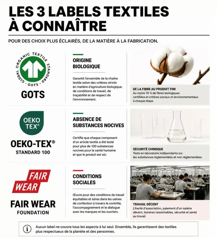 Infographie explicative des labels textiles pour un short en coton bio femme : GOTS, Oeko-tex et Fair Wear