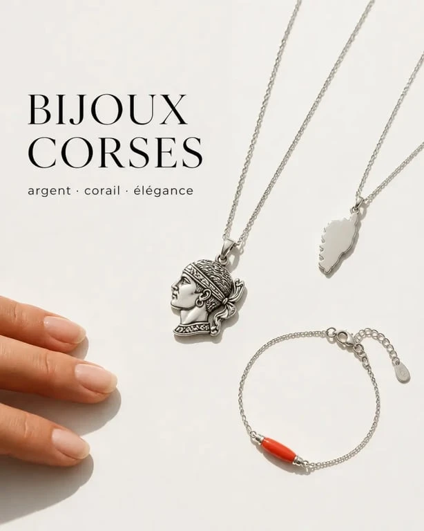 Bijoux corse femme en argent avec tête de Maure, Corse stylisée et détail corail
