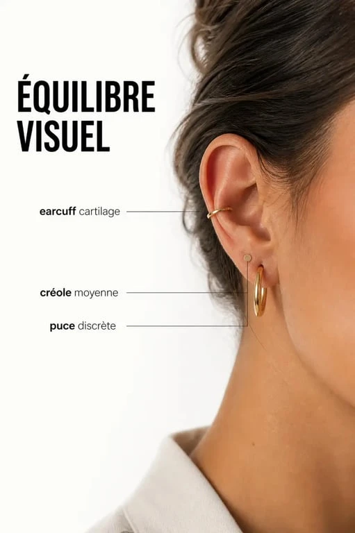 Bijoux d’oreille femme portés en accumulation harmonieuse sur une oreille féminine