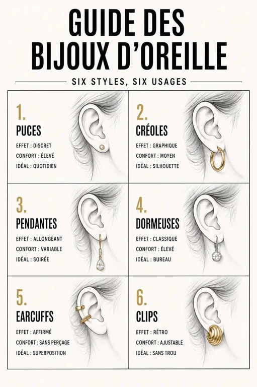Infographie bijoux d’oreille femme comparant puces, créoles, pendantes, dormeuses, earcuffs et clips