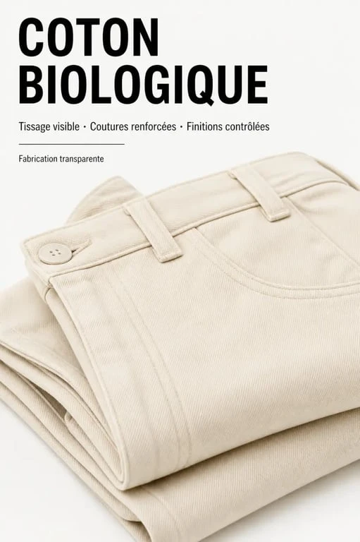 Détail de pantalon coton bio femme avec tissu, coutures et finitions visibles