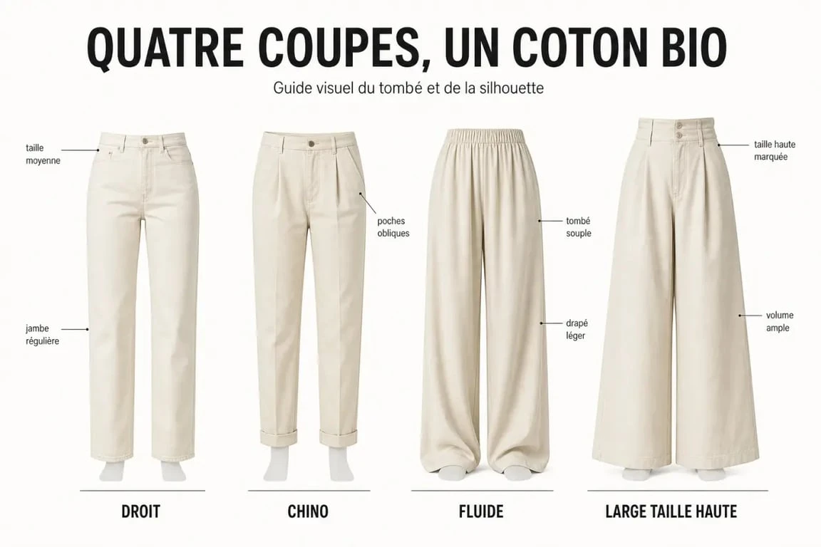 Comparatif des coupes de pantalon coton bio femme selon l’usage, le tombé et la largeur de jambe