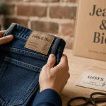 Jean coton bio GOTS en atelier, main avec denim indigo naturel