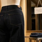 Jean morphologie femme : taille haute bleu brut en cabine d’essayage