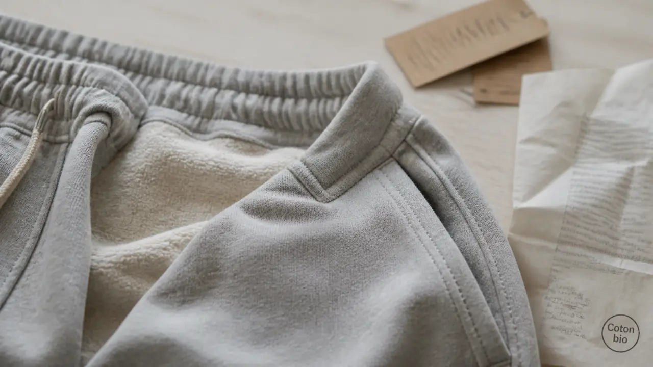 Jogging coton bio gris chiné : texture, couture et ceinture élastique