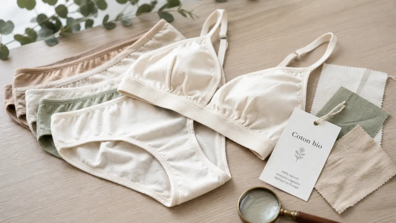 Lingerie coton bio sur table en bois clair, douceur pour peaux sensibles