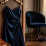 Robe cocktail femme midi bleu nuit sur cintre