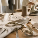 Robe en lin fabrication française en atelier : grammage et coupe, lin sable, patron et mètre ruban