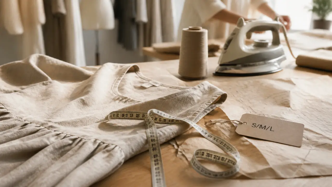 Robe en lin fabrication française en atelier : grammage et coupe, lin sable, patron et mètre ruban