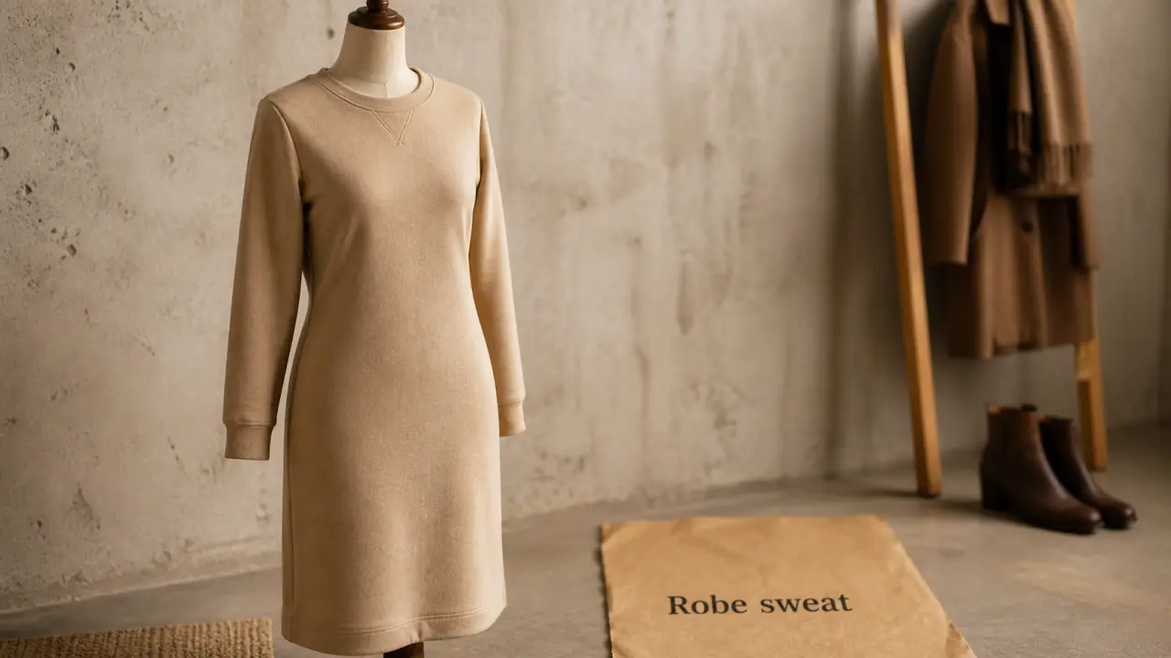 Robe sweat femme beige mi-longue, coupe cintrée