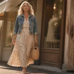 Style bohème chic à 50 ans : femme en robe midi fluide, veste en jean, sandales et sac en raphia