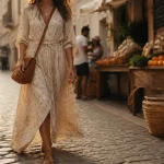 Robe bohème en style vestimentaire boheme, au lever du jour dans une rue pavée