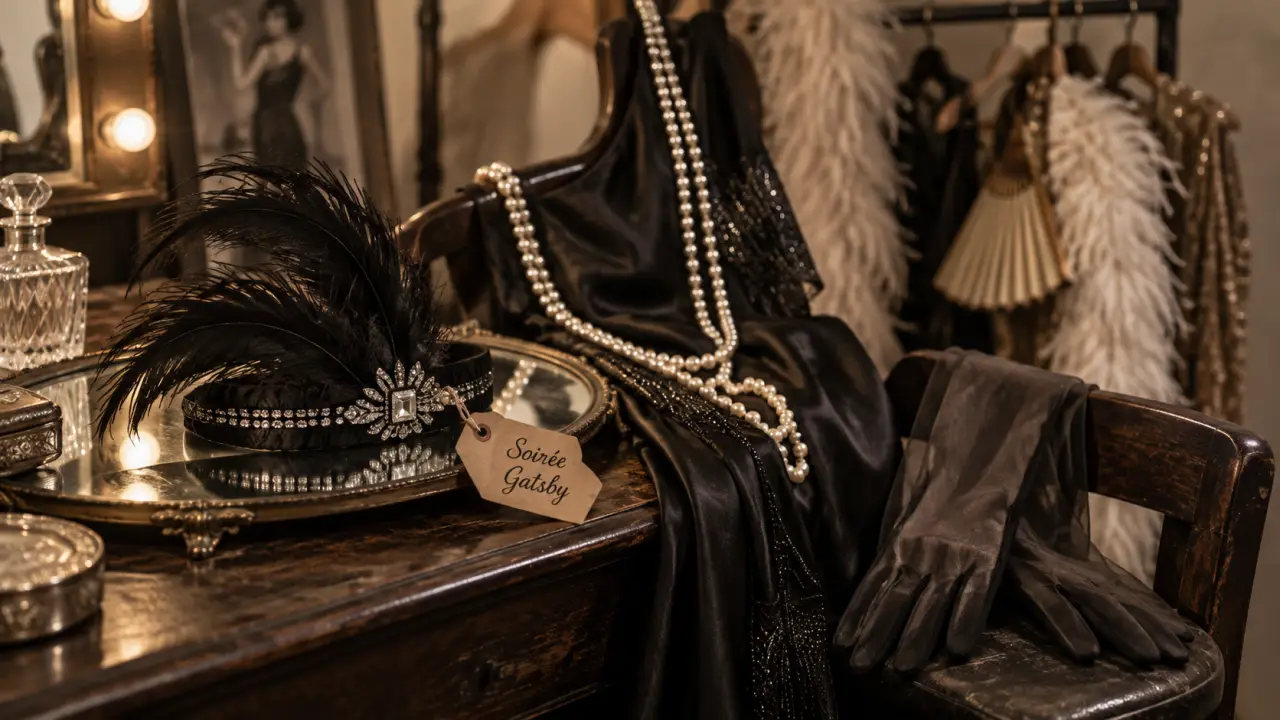 Accessoires gatsby femme : bandeau à plumes et collier de perles pour soirée Gatsby