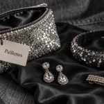 Accessoires paillettes femme : pochette argentée et bijoux