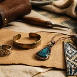 Bijoux ethniques artisanaux sur papier kraft, matières et finitions authentiques