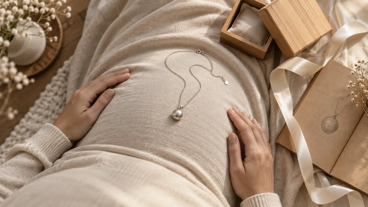 Bola de grossesse, bijoux femme enceinte argentés sur robe beige