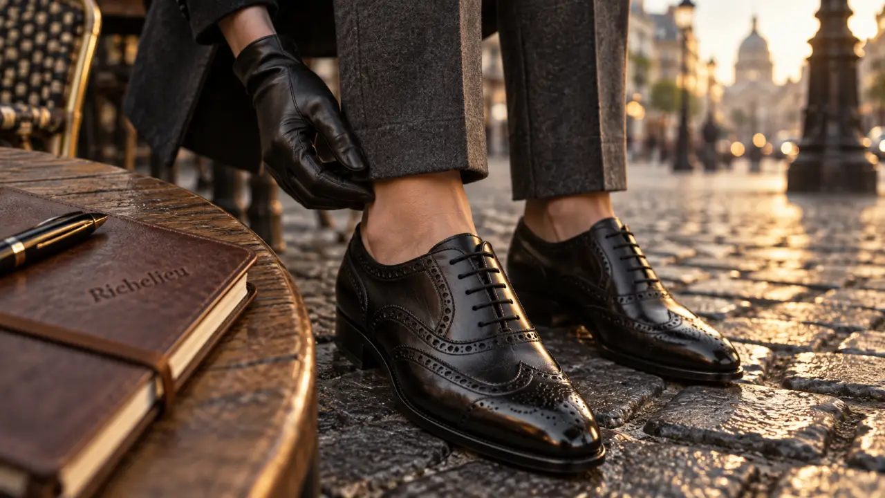 Chaussures richelieu femme en cuir noir, laçage et bout perforé