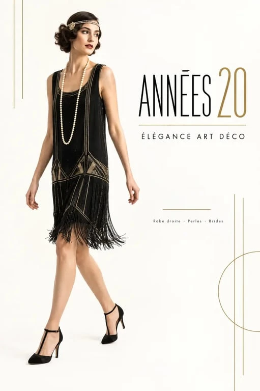 Look complet de mode années 20 femme avec robe à franges et accessoires Gatsby
