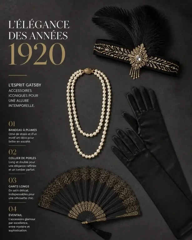 Accessoires Gatsby femme : bandeau à plumes, collier de perles et gants pour une tenue années 20
