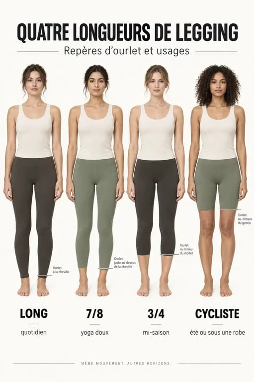 Infographie des longueurs de legging coton bio : long, 7/8, 3/4 et cycliste