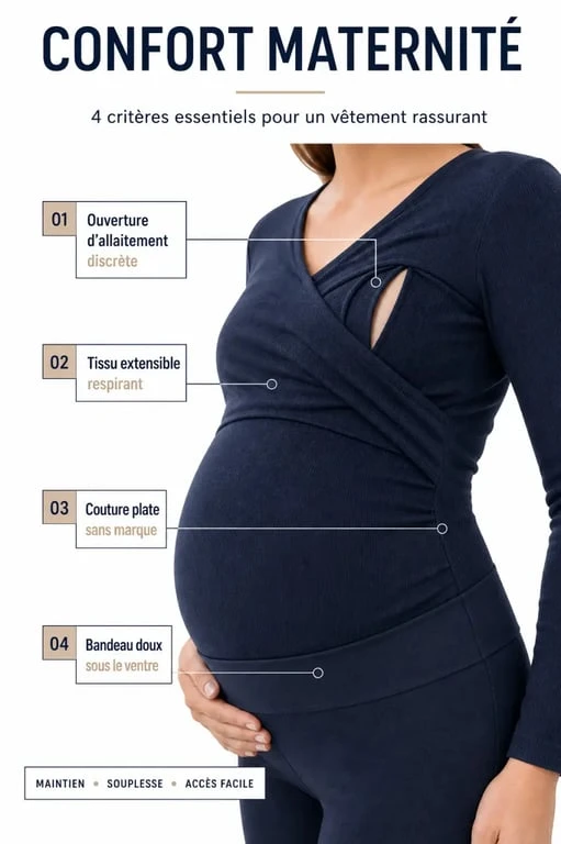 Mode femme enceinte : détails de confort, bandeau, couture et ouverture d’allaitement