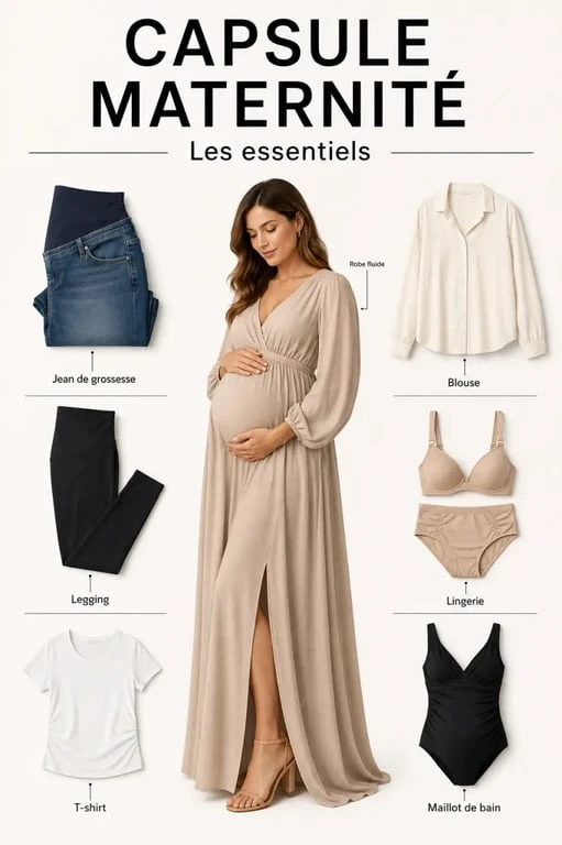 Mode femme enceinte : capsule de dressing de maternité avec robe, jean, legging et blouse