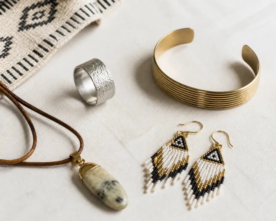 Bijoux ethniques artisanaux en composition éditoriale avec argent, laiton et pierres naturelles