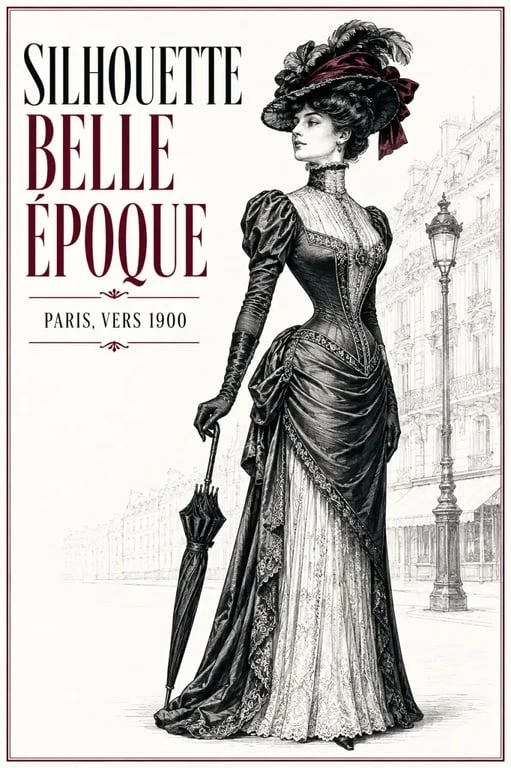 Mode 1900 femme : détail d’une tenue Belle Époque avec corset, col montant, chapeau et gants