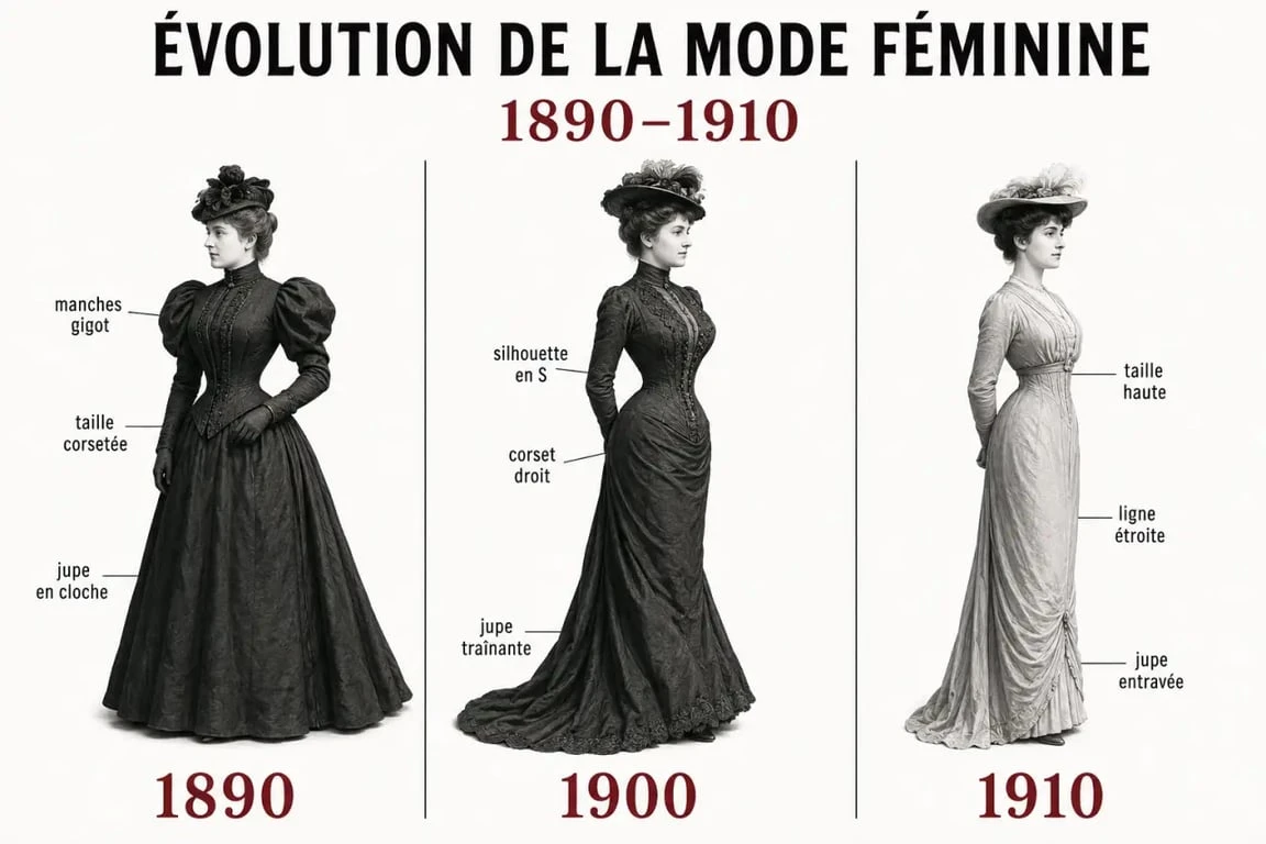 Mode 1900 femme : comparaison des silhouettes de 1890, 1900 et 1910 dans une composition éditoriale