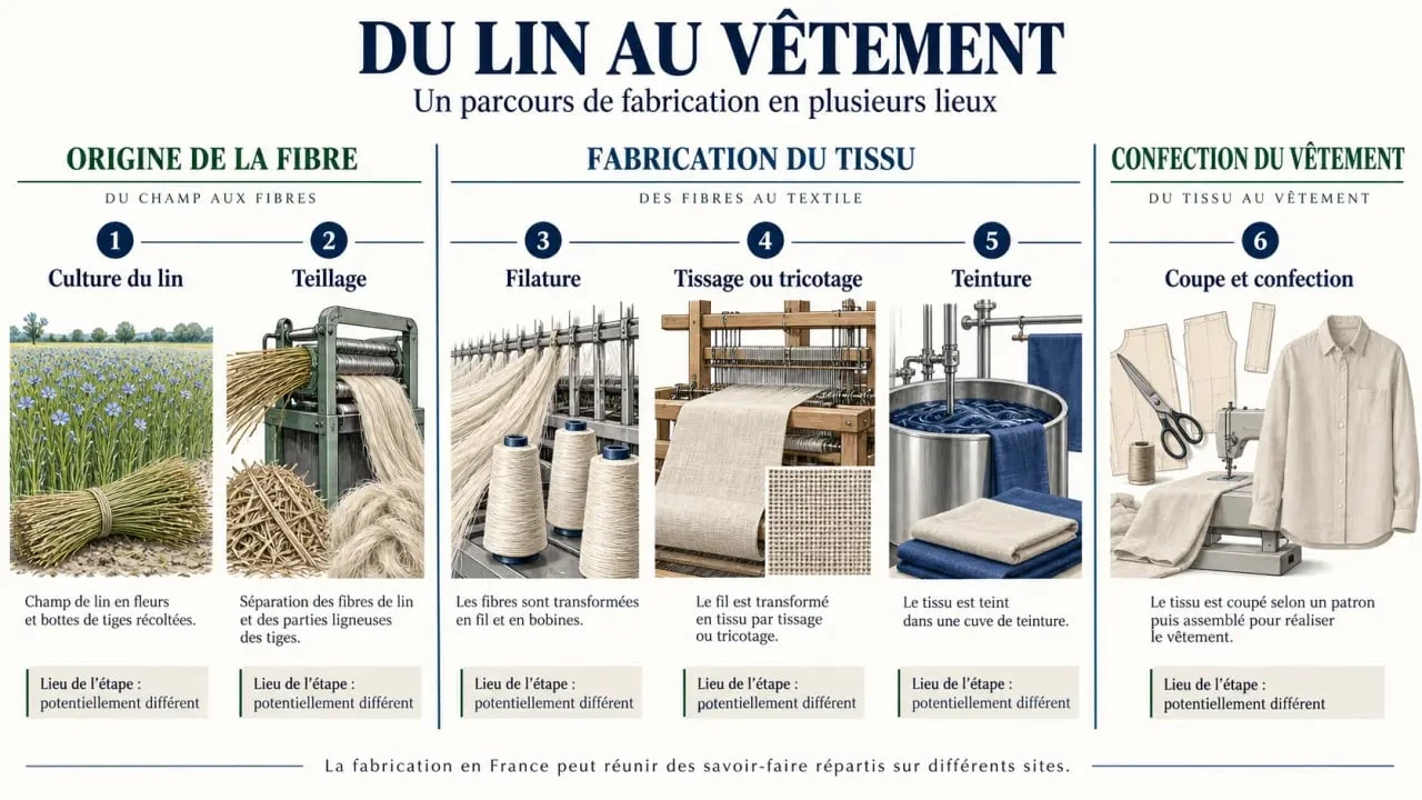 Infographie sur les vêtements en lin fabrication française, du champ à la confection
