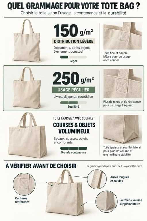 Infographie sur le grammage d’un tote bag coton bio selon l’usage