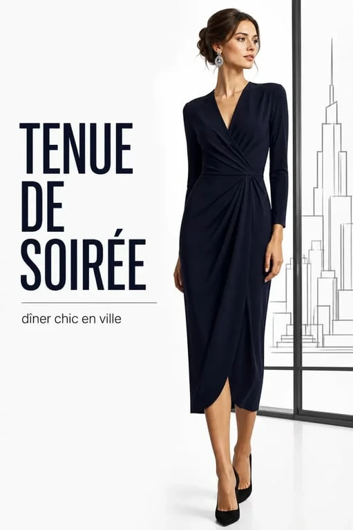 Tenue chic femme pour une soirée avec robe midi fluide et accessoires élégants