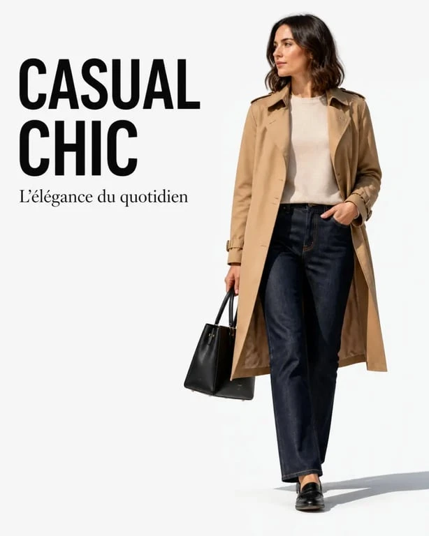 Tenue chic femme casual chic avec jean brut, maille fine et trench
