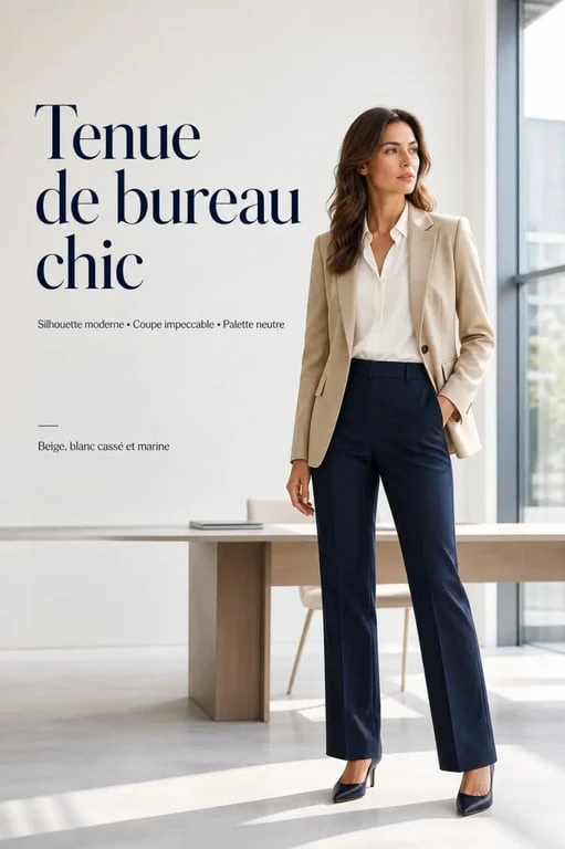 Tenue chic femme au bureau avec pantalon droit, chemise fluide et blazer