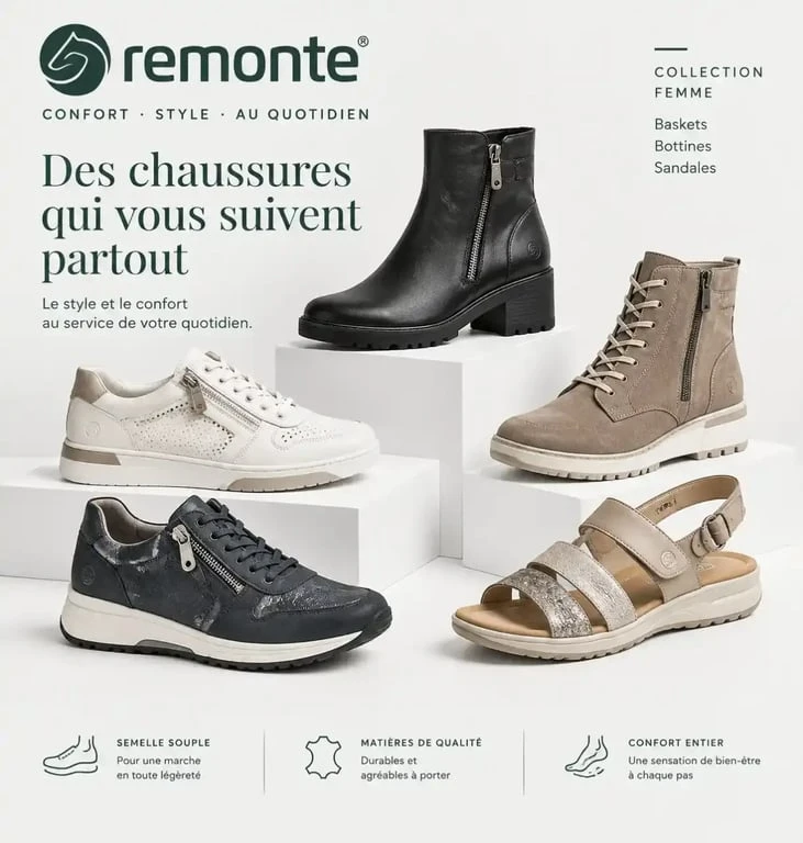 Collection variée de chaussures femme Remonte : baskets, bottines et sandales