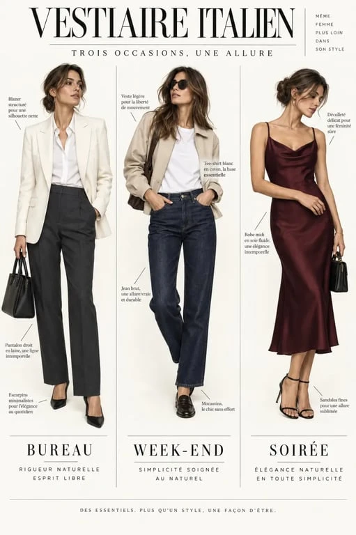 Mode italienne femme : trois silhouettes élégantes pour le bureau, le week-end et la soirée