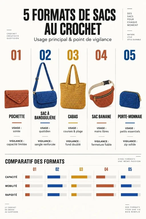 Formats de sacs à main au crochet et usages adaptés