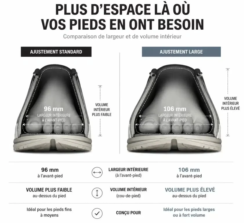 Schéma comparatif de la largeur des chaussures pieds larges femme pour un meilleur confort