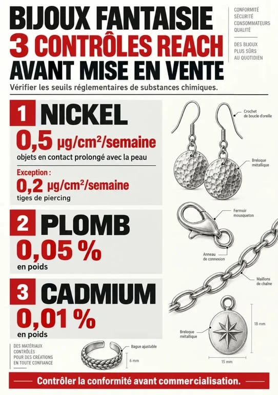 Infographie sur la réglementation vente bijoux fantaisie et les seuils REACH du nickel, du plomb et du cadmium