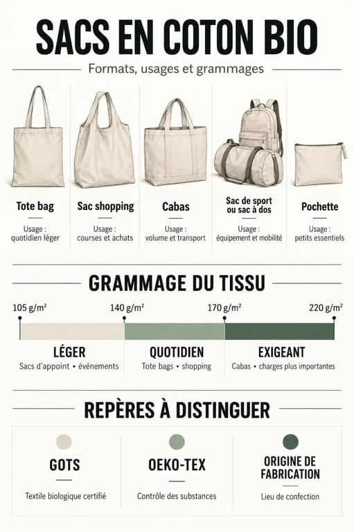 Sac coton bio : formats, grammages et différences entre labels GOTS et OEKO-TEX