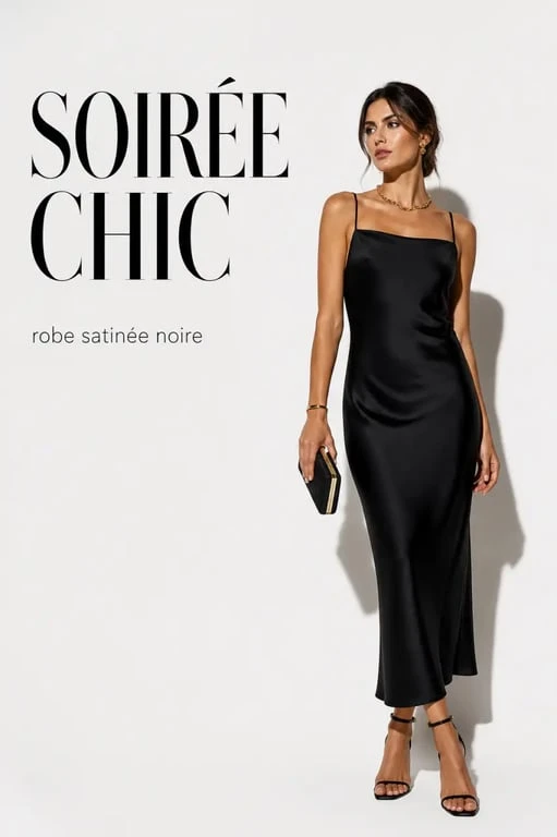 Robe noire droite chic en soirée avec bijoux dorés et sandales fines