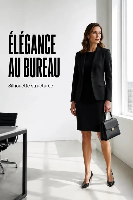Robe noire droite chic portée au bureau avec blazer et escarpins