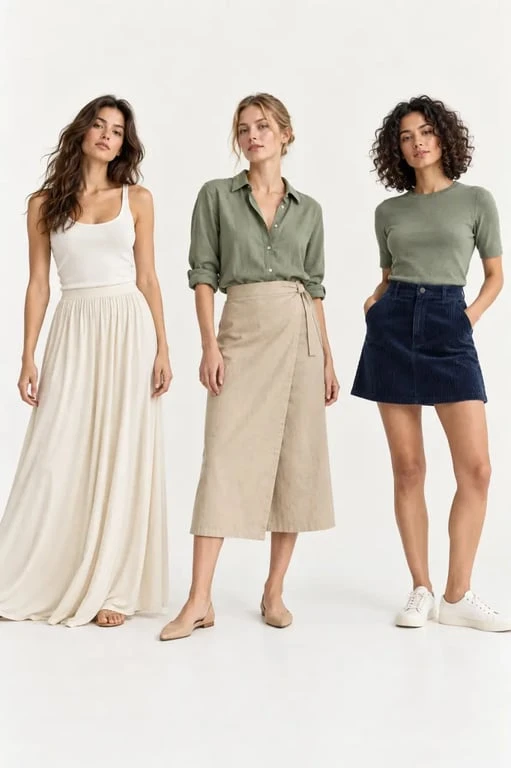 Jupe femme coton bio longue, midi et courte avec différents tombés et textures