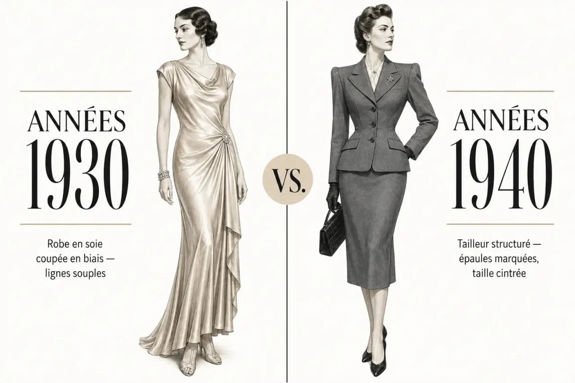 Comparaison des silhouettes mode femme année 30 40 : fluidité contre structure