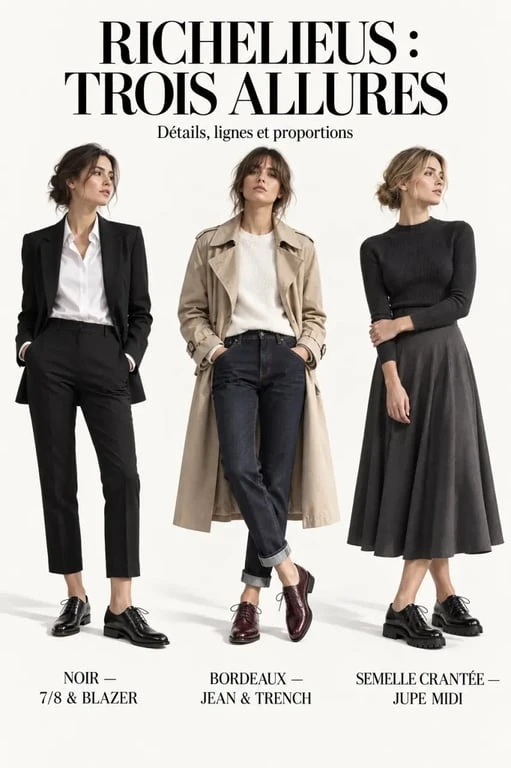 Chaussures richelieu femme portées avec pantalon 7/8, jean retroussé, blazer et jupe