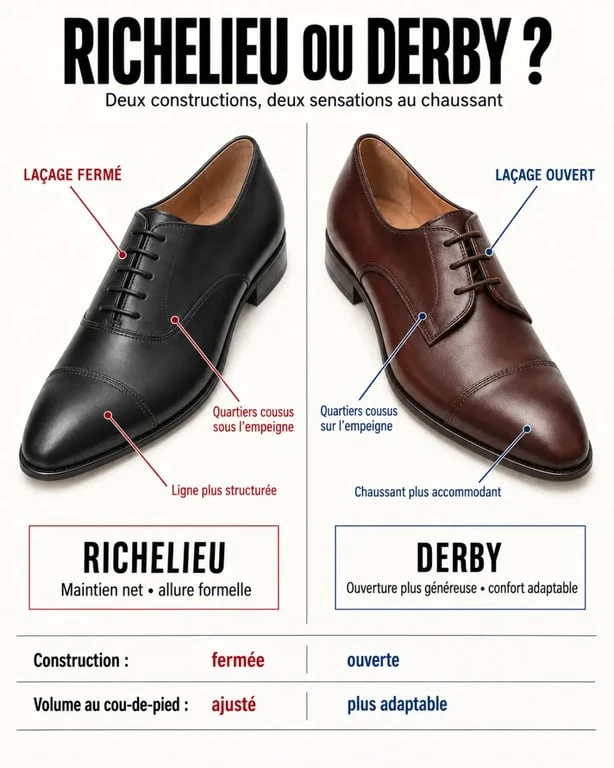 Chaussures richelieu femme et derby femme : comparaison du laçage fermé et ouvert