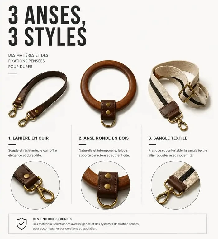 Différents types d'anses de sacs à main : cuir, bois et textile